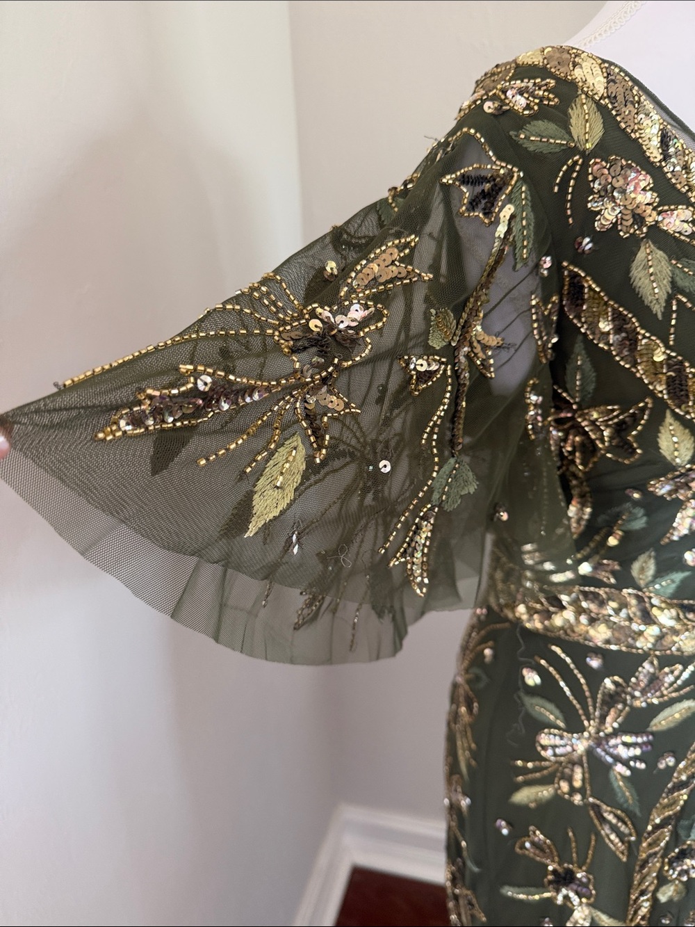 Adrianna Papell Olive Green Maxi Gown with Gold Beading - sold out - Picture 5 of 16